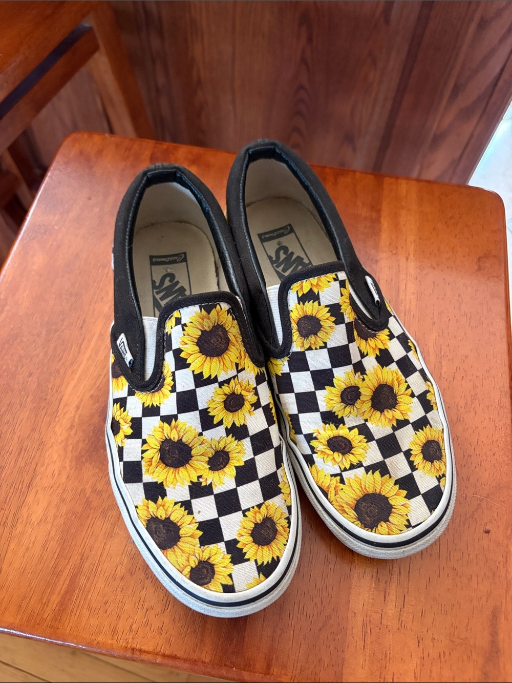 Vans Womens Checkerboard Slip-On Sneakers with Yellow Sunflowers